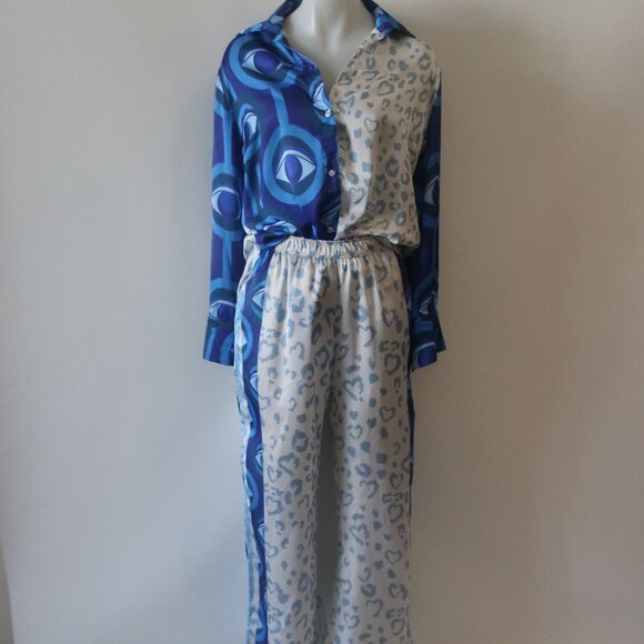 Bululu Pants - NWT Womens Bululu Magical Blue, White Print Satin Pants L Set